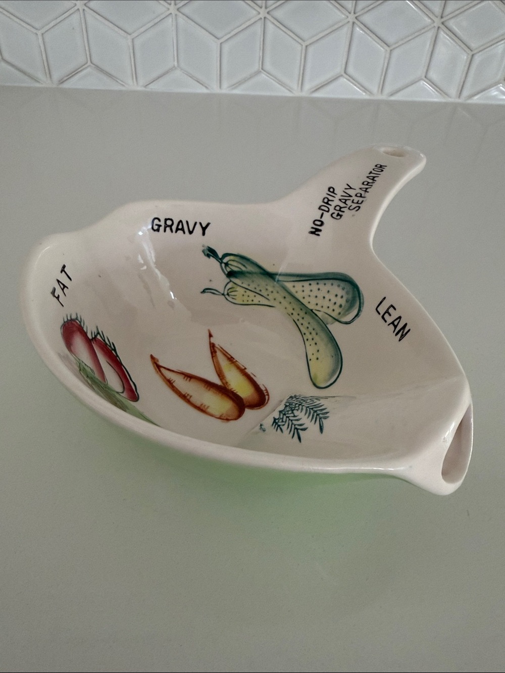 VINTAGE Ceramic Gravy Separator Hand Painted Vegetable Design Mid-Century Kitsch